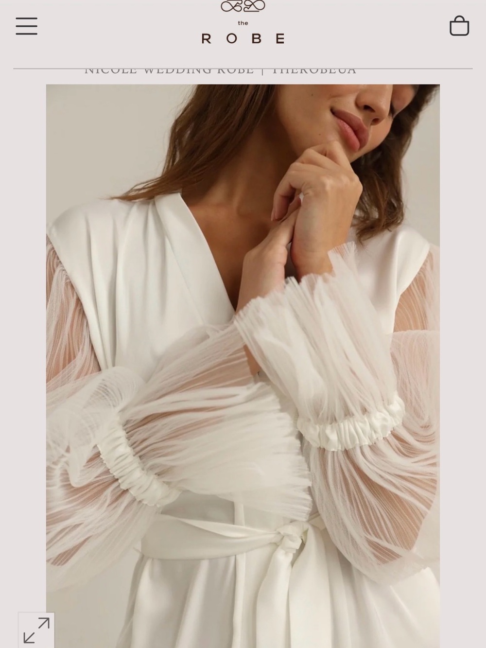 White Silk Bridal Robe with Sheer Tulle Sleeves - NICOLE - WHITE LONG: The Robe - Picture 2 of 3